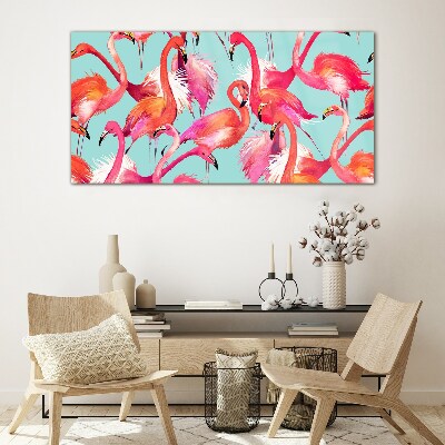 Tableau en verre Flamants roses sur fond turquoise