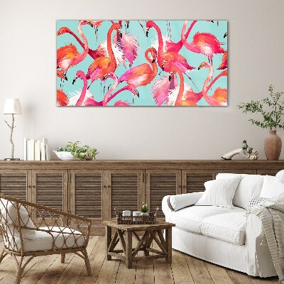 Tableau en verre Flamants roses sur fond turquoise
