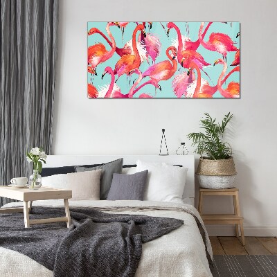 Tableau en verre Flamants roses sur fond turquoise