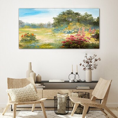 Tableau verre imprimé Un paysage floral d'un matin d'été