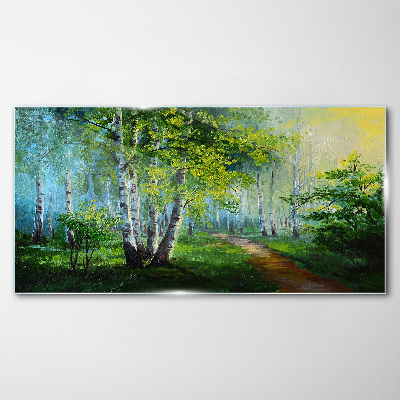 Tableau verre imprimé Forêt verte dans le brouillard du matin