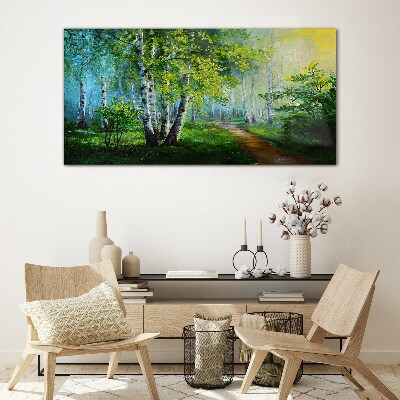 Tableau verre imprimé Forêt verte dans le brouillard du matin