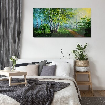 Tableau verre imprimé Forêt verte dans le brouillard du matin