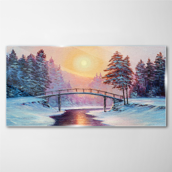 Tableau imprimé sur verre Pont d'hiver au soleil