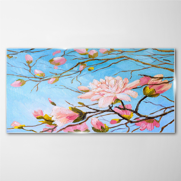 Tableau photo sur verre Fleurs de magnolia sur fond bleu