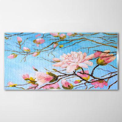 Tableau photo sur verre Fleurs de magnolia sur fond bleu