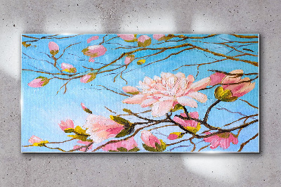 Tableau photo sur verre Fleurs de magnolia sur fond bleu