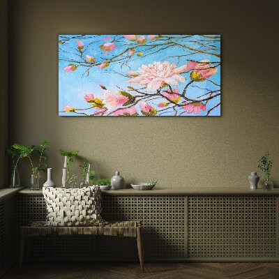 Tableau photo sur verre Fleurs de magnolia sur fond bleu