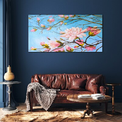 Tableau photo sur verre Fleurs de magnolia sur fond bleu