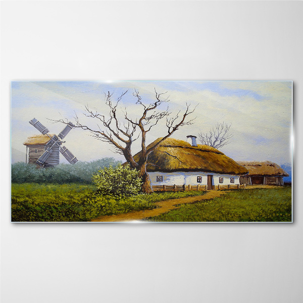 Tableau imprimé sur verre Paysage rural avec un moulin à vent