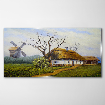 Tableau imprimé sur verre Paysage rural avec un moulin à vent