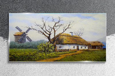 Tableau imprimé sur verre Paysage rural avec un moulin à vent