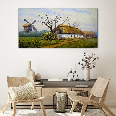 Tableau imprimé sur verre Paysage rural avec un moulin à vent