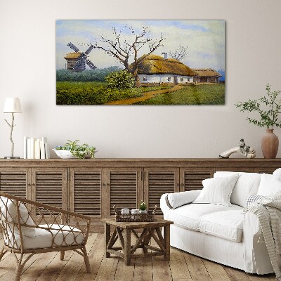 Tableau imprimé sur verre Paysage rural avec un moulin à vent