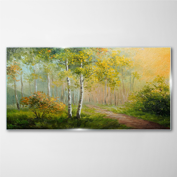 Tableau verre imprimé Chemin forestier dans le brouillard doré