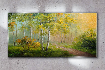 Tableau verre imprimé Chemin forestier dans le brouillard doré