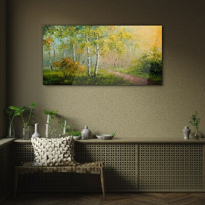 Tableau verre imprimé Chemin forestier dans le brouillard doré