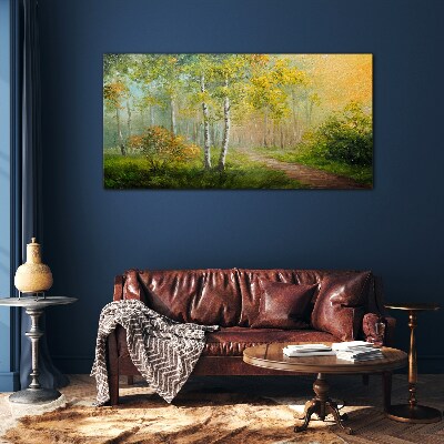 Tableau verre imprimé Chemin forestier dans le brouillard doré