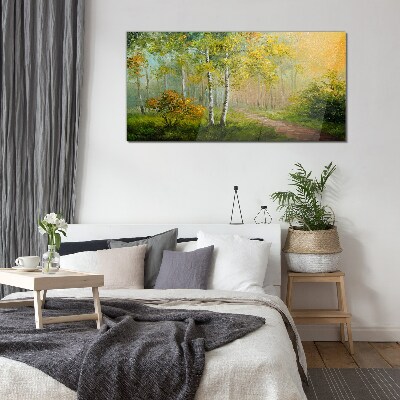 Tableau verre imprimé Chemin forestier dans le brouillard doré