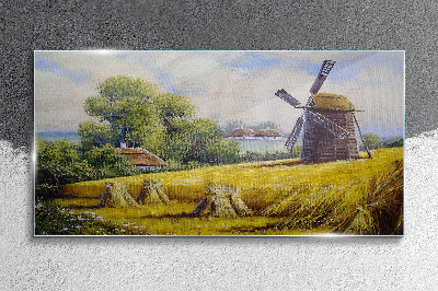 Tableau en verre Paysage rural avec un moulin à vent