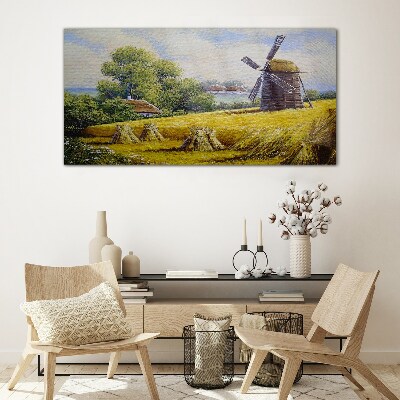 Tableau en verre Paysage rural avec un moulin à vent