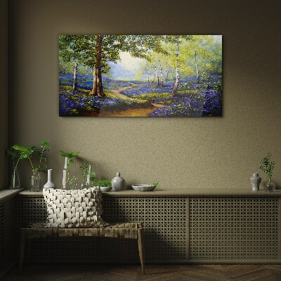 Tableau sur verre Une allée fleurie dans un paysage forestier