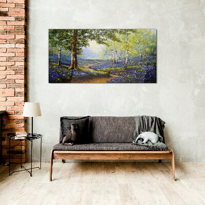 Tableau sur verre Une allée fleurie dans un paysage forestier
