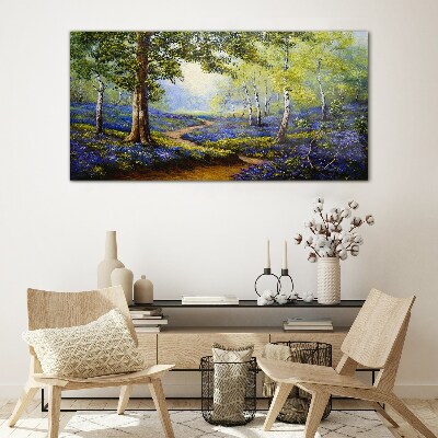 Tableau sur verre Une allée fleurie dans un paysage forestier