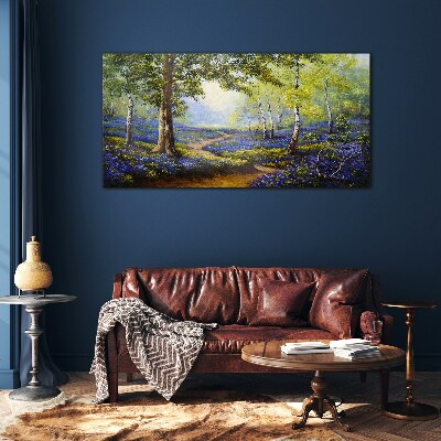Tableau sur verre Une allée fleurie dans un paysage forestier
