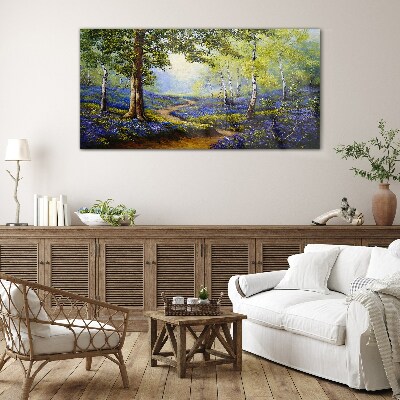 Tableau sur verre Une allée fleurie dans un paysage forestier