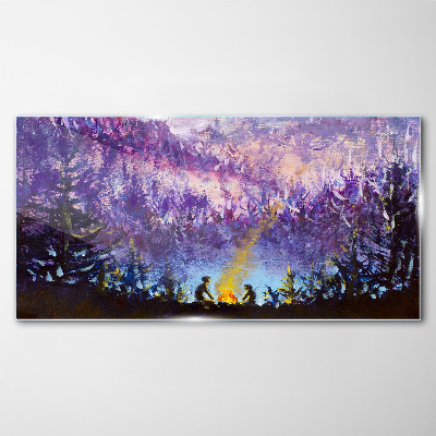 Tableau en verre La magie d'un feu de camp en soirée dans la forêt