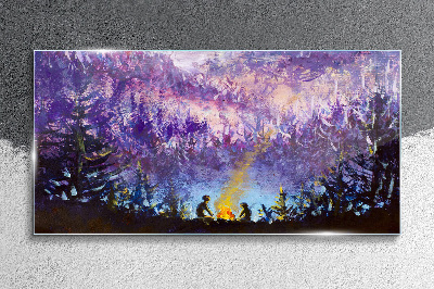 Tableau en verre La magie d'un feu de camp en soirée dans la forêt