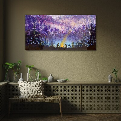 Tableau en verre La magie d'un feu de camp en soirée dans la forêt