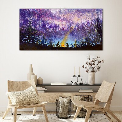 Tableau en verre La magie d'un feu de camp en soirée dans la forêt