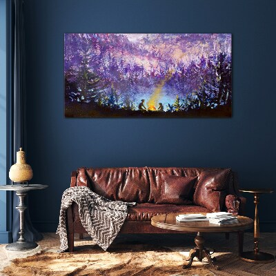 Tableau en verre La magie d'un feu de camp en soirée dans la forêt