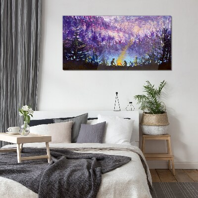 Tableau en verre La magie d'un feu de camp en soirée dans la forêt