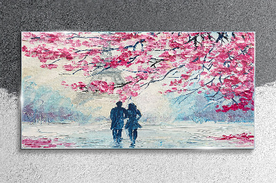 Tableau sur verre Une promenade printanière sous les arbres en fleurs