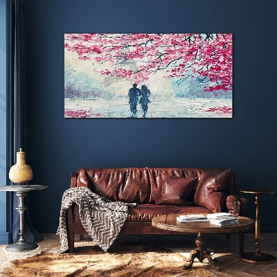 Tableau sur verre Une promenade printanière sous les arbres en fleurs