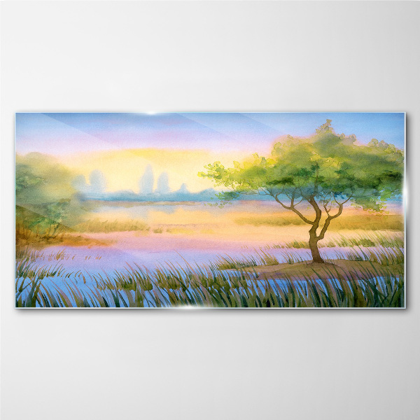 Tableau verre imprimé Matin calme au bord du lac
