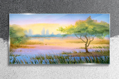 Tableau verre imprimé Matin calme au bord du lac