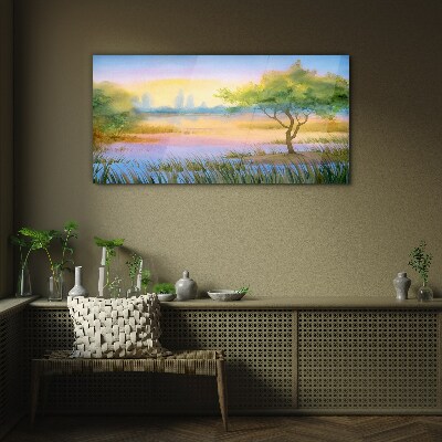 Tableau verre imprimé Matin calme au bord du lac