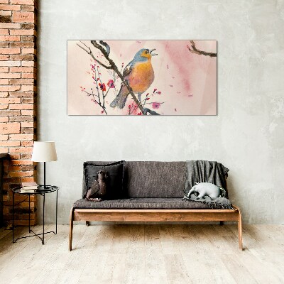 Tableau sur verre Un oiseau chanteur dans un paysage printanier