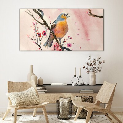 Tableau sur verre Un oiseau chanteur dans un paysage printanier