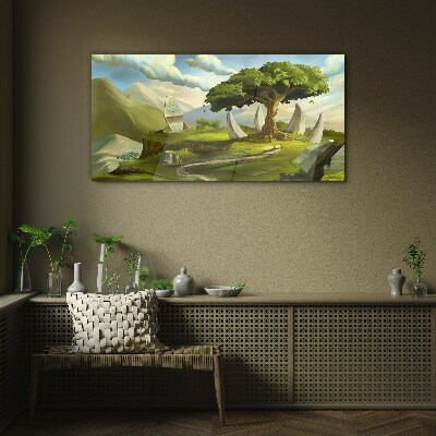 Tableau verre imprimé Oasis verte dans le paysage de montagne