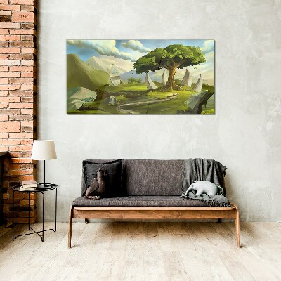 Tableau verre imprimé Oasis verte dans le paysage de montagne