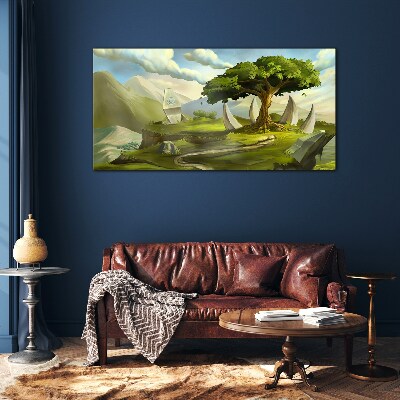 Tableau verre imprimé Oasis verte dans le paysage de montagne