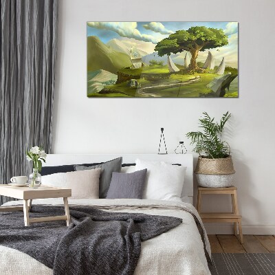 Tableau verre imprimé Oasis verte dans le paysage de montagne