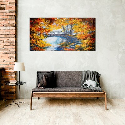 Tableau imprimé sur verre Pont doré dans le parc d'automne