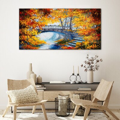 Tableau imprimé sur verre Pont doré dans le parc d'automne