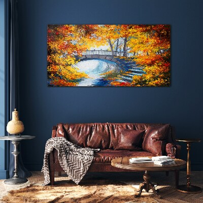 Tableau imprimé sur verre Pont doré dans le parc d'automne